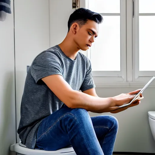 Prompt: a young man sitting on top of the toilet scrolling tiktok on his iphone, distant thoughtful look