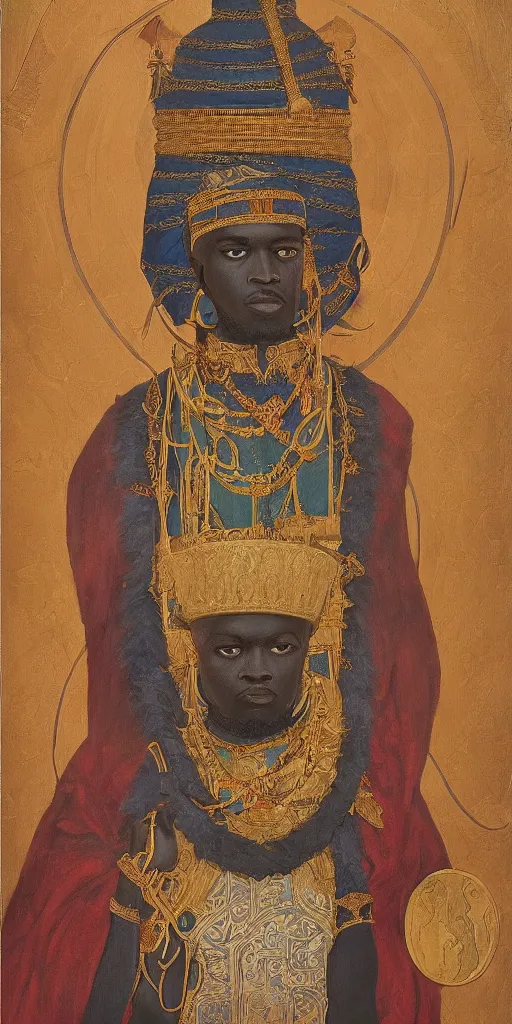 Image similar to a stunning and noble highly detailed romantic period style portrait of mansa musa by josep tapiro baro, trending on artstation, oil painting masterpiece, symmetry, mysterious, very very very aesthetic, african iconography