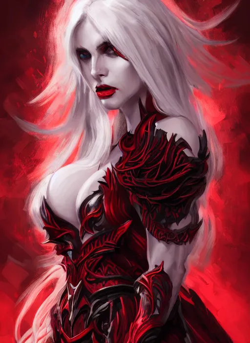 Prompt: a highly detailed illustration of fierce beautiful long white haired horned demon woman wearing red and black battle dress, dramatic imposing pose, perfect face, perfect body, intricate, elegant, highly detailed, centered, digital painting, artstation, concept art, smooth, sharp focus, league of legends concept art, wlop.