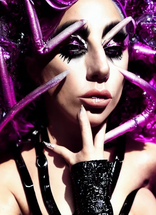 Prompt: lady gaga styled by nick knight posing, the fame monster themed, dark, mysterious, vogue magazine, canon, highly realistic. high resolution. highly detailed. dramatic. 8 k. 4 k.