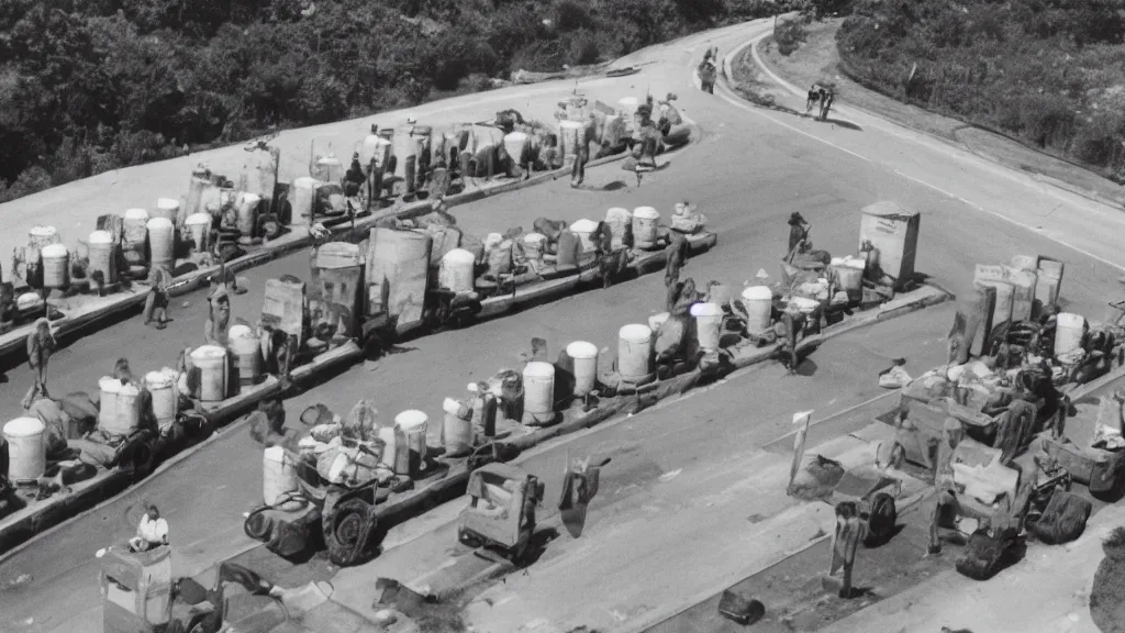 Image similar to a historic photo of a drone shot of a man holding grocery bags on both hands, standing in front of five tanks lined up approaching him on the highway