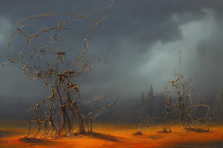 Prompt: a masterclass painting of a gloomy twilight forest mountain landscape. a giant tangled robotic wire structure is hanging from the sky in the middle of the landscape, not touching the ground