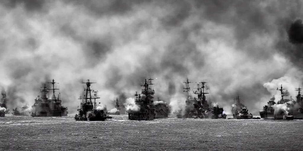 Prompt: naval battle between steampunk cruisers, bombshells firing, clouds of smoke, wide shot, high res, 120 black and white film