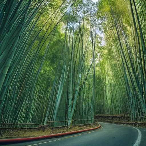 Image similar to a red daihatsu delta truck parked in the apex of a curve with the road surrounded by a canopy of bamboo trees, the shadows of the leaves are proyected onto the road photographed with a nikon f 3 camera and a 3 5 mm f / 4 lens using portra 4 0 0 film stock