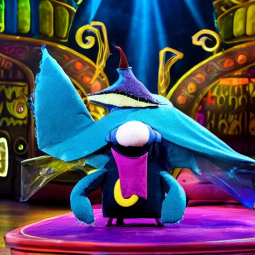 Prompt: a marketable plush muppet of a goth mantaray, in the style of muppets, lighting and character design from spongebob the musical on broadway, real, photograph, cinematic