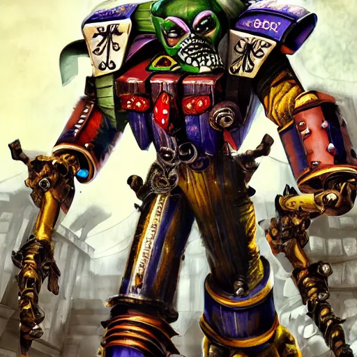 Image similar to jim carey as the mask in the warhammer 4 0 k universe world, digital art, 4 k, very detailed