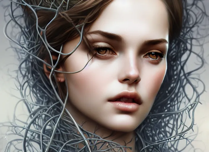 Prompt: highly detailed beautiful woman wrapped up in vines, illustration, realistic eyes, artstation, cinematic lighting, hyperdetailed, detailed realistic symmetrical eyes, cgsociety, 8k, high resolution, Charlie Bowater, Tom Bagshaw, Norman Rockwell, insanely detailed and intricate, clean white background