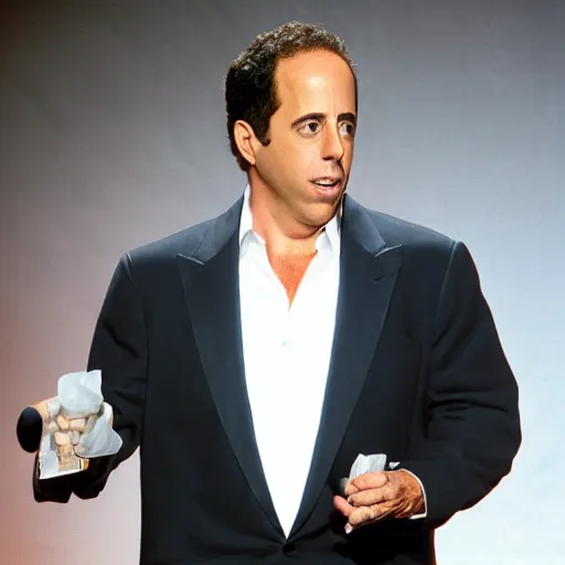 Image similar to UHD candid photo of Jerry Seinfeld with orange skin, accurate face, UHD, photorealistic, correct face, photo by Annie Leibowitz