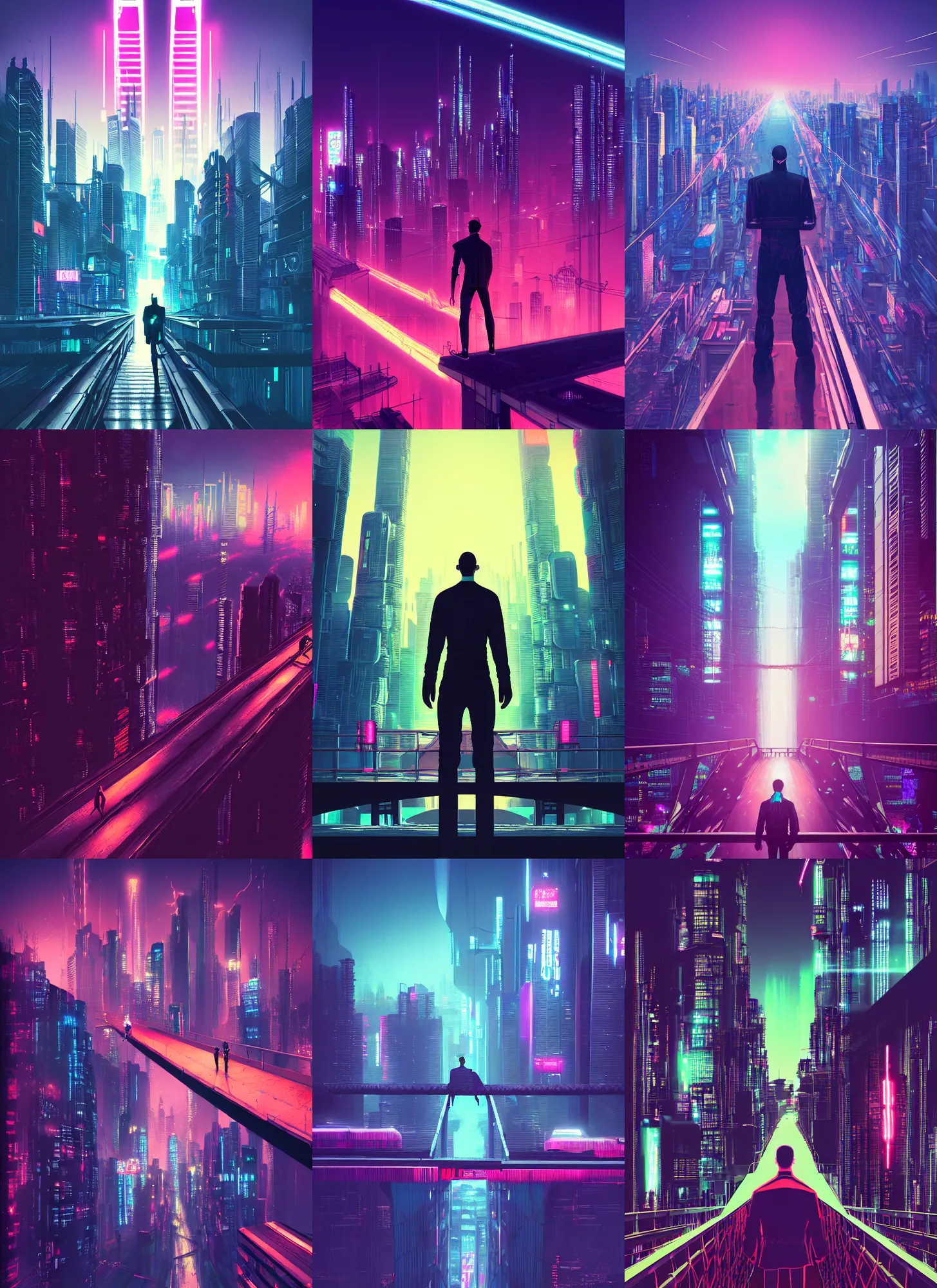 Prompt: a man standing on top of a bridge over a city, cyberpunk art by vincent lefevre, behance contest winner, altermodern, cityscape, synthwave, anime asthetic, gothic city, neon lights, matte painting