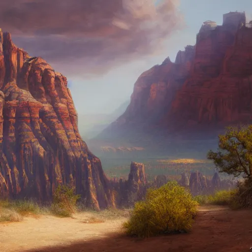 Image similar to a matte painting of the sci - fi wild west sedona, oil painting, pale colors, high detail, 8 k, wide angle, trending on artstation,