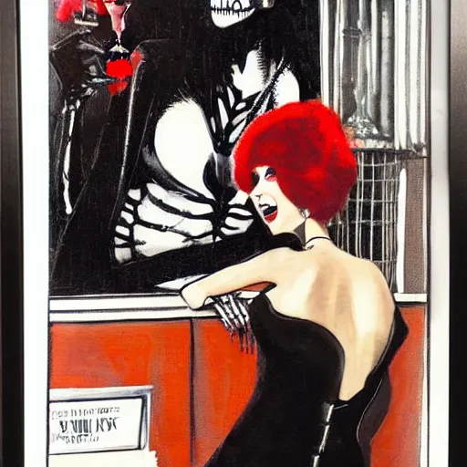 Prompt: a skeleton in a black suit sitting at the bar at the disco club drinking tequila, talking to a beautiful woman in a low cut blouse and a miniskirt, holding a martini, by Basil Gogos and Robert McGinnis