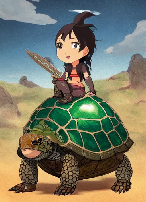 Prompt: portrait of a little warrior girl character sitting on top of a giant armored turtle in the desert, studio ghibli epic character with dark skin and beautiful green eyes. the girl has a very beautiful detailed symmetrical face, long black hair, the turtle has a big smiling face and closed eyes, bright colors, diffuse light, dramatic landscape, fantasy illustration