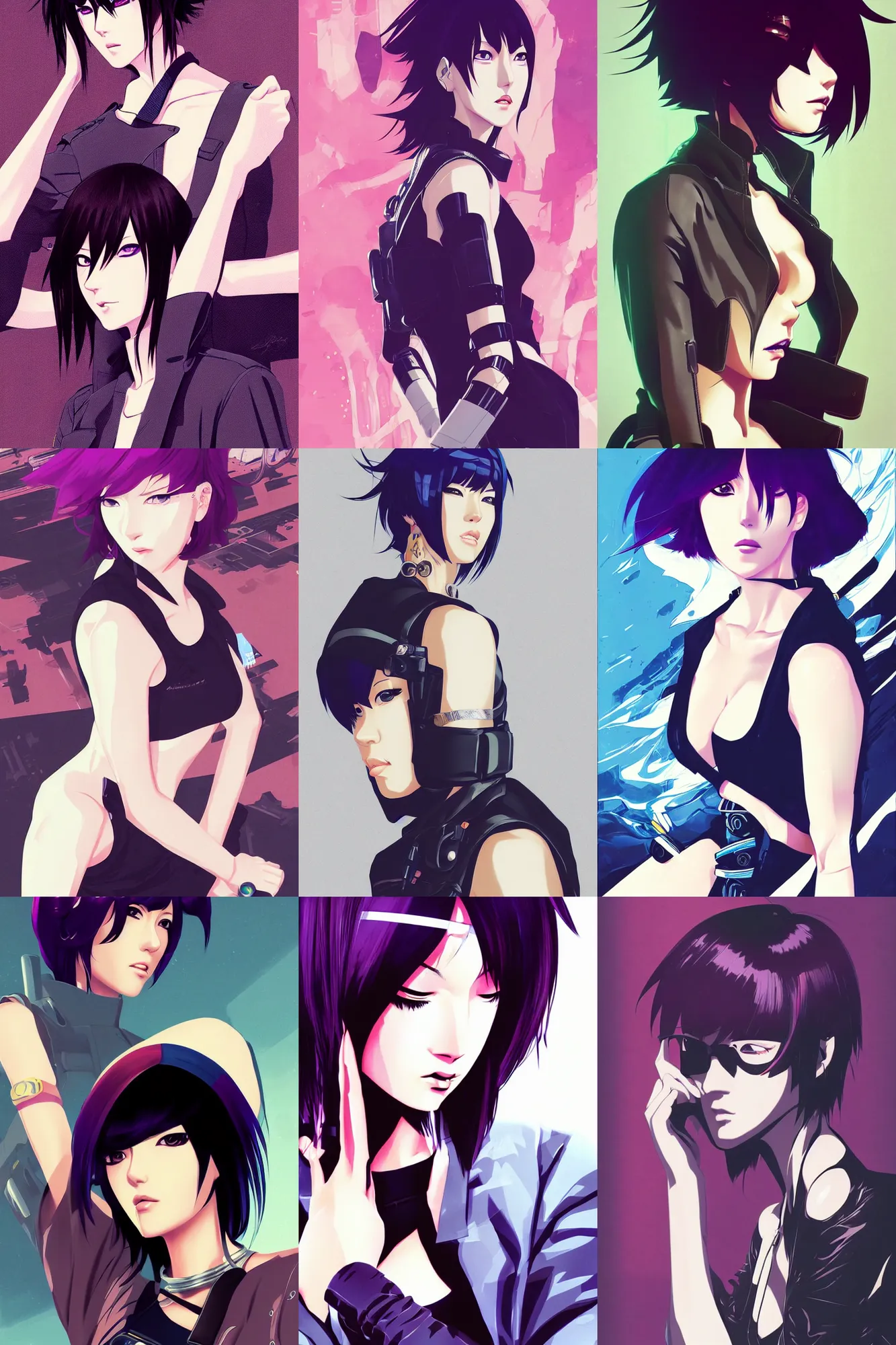 Prompt: stylized portrait of beautiful motoko kusanagi wearing street fashion, masamune shirow, illustration, by ilya kuvshinov