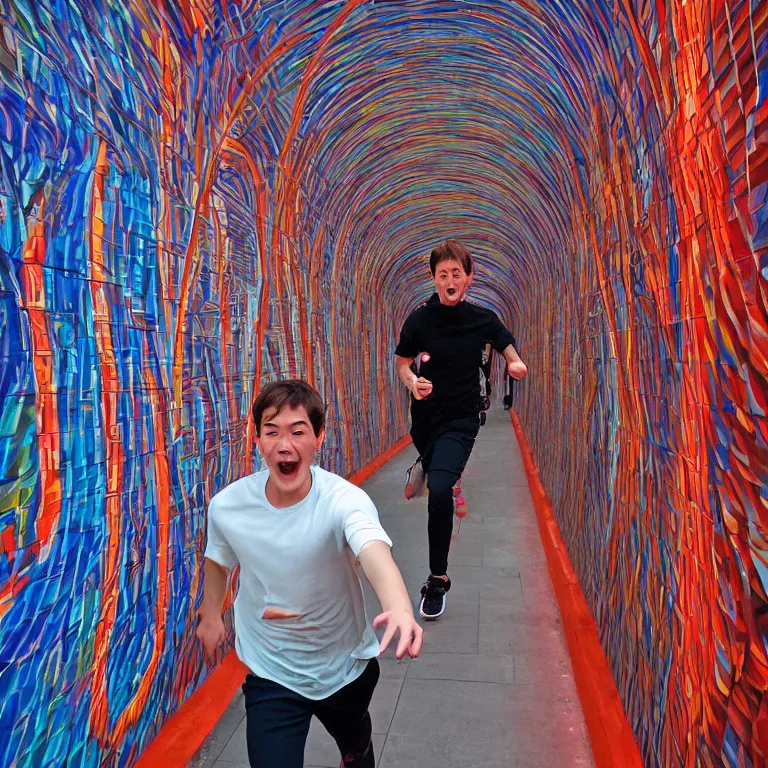 Image similar to terrified young man in a straightjacket running toward you in the Bund Sightseeing Tunnel, Shanghai, China by Alex Grey and Jeffrey Smith