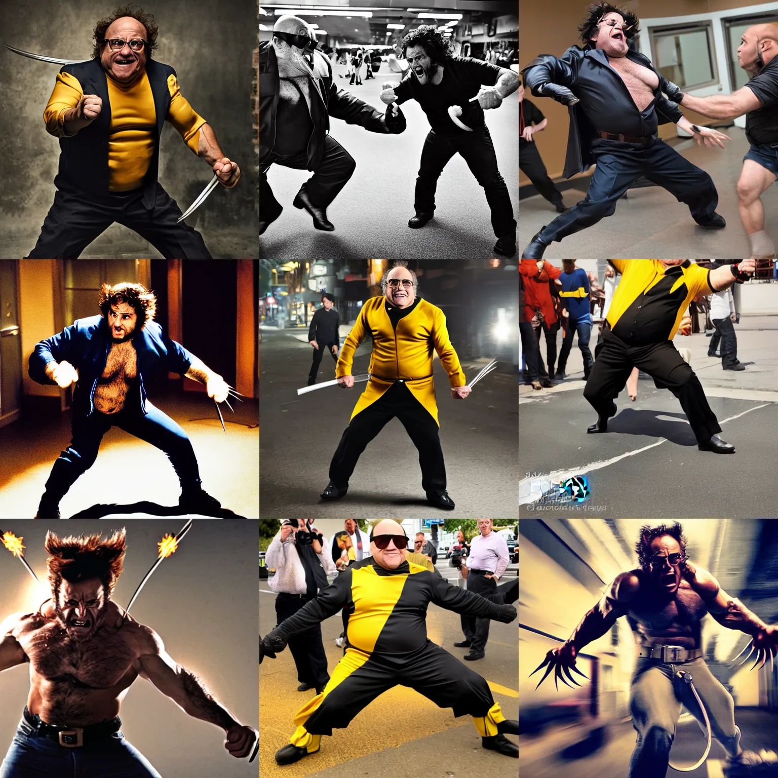 Prompt: photograph, danny devito dressed as wolverine, action shot, action stance, cinematic, full body