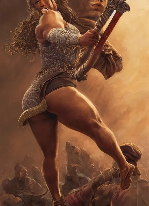 Image similar to serena williams as a ruggedly handsome hero holding an enormous large dual wielding sword, intricate, elegant, highly detailed, centered, digital painting, artstation, concept art, smooth, sharp focus, illustration, artgerm, donato giancola, Joseph Christian Leyendecker, WLOP, Boris Vallejo, Artgerm