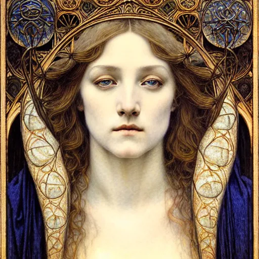 Image similar to detailed realistic beautiful young medieval queen face portrait by jean delville, gustave dore and marco mazzoni, art nouveau, symbolist, visionary, gothic, pre - raphaelite. horizontal symmetry