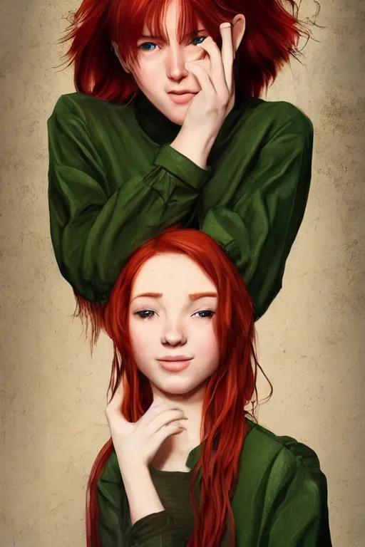 Image similar to beautiful cute red haired joyful and playful nineteen year old maiden standing up in casual green clothing, long hair, attractive face, modern city, rpg character, sci - fi, fantasy, intricate, elegant, digital painting, artstation, concept art, smooth, 8 k frostbite 3 engine, ultra detailed, art by artgerm, greg rutkowski, magali villeneuve