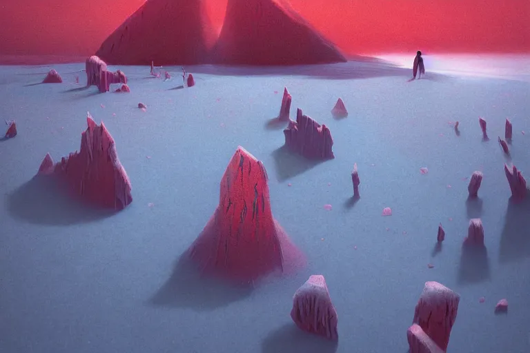 Image similar to surreal frozen landscape, painting by beeple and zdzisław beksinski, red color scheme, a matte painting by li shida, cgsociety, context art, redshift, matte painting, reimagined by industrial light and magic