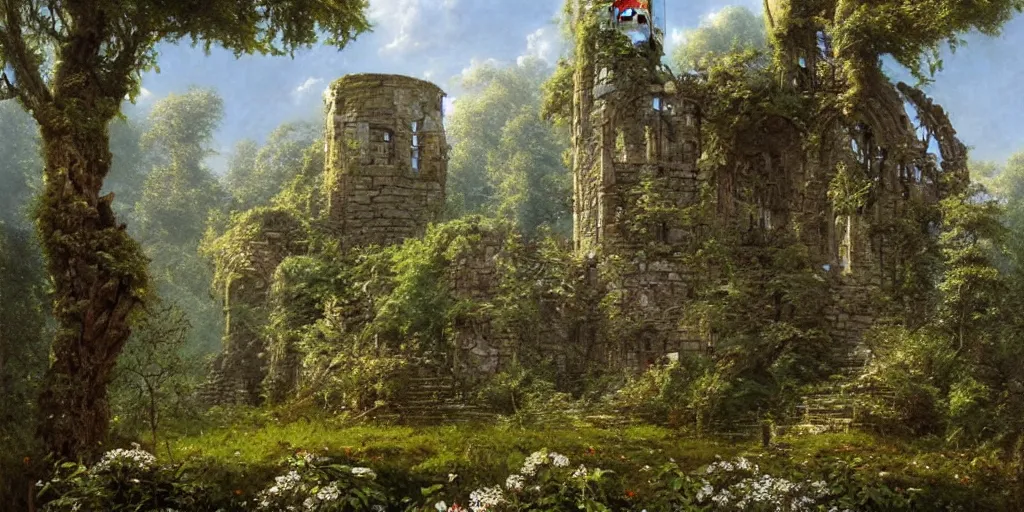 Prompt: Art of The cinematic view of The overgrown ruins of a stone tower amidst a forest of flowering trees by John Howe