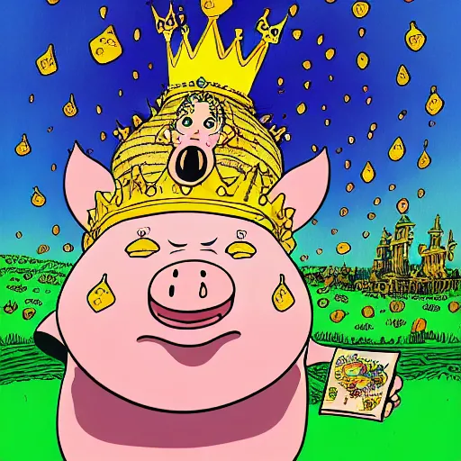 Image similar to trippy comic art of a obese pig wearing a gold crown holding a bottle, drawn by Martin Rowson, Tim Burton, Studio Ghibli, Alex Pardee, Nekro Petros Afshar, James McDermott, colors by lisa frank, unstirred paint, vivid color, cgsociety 4K