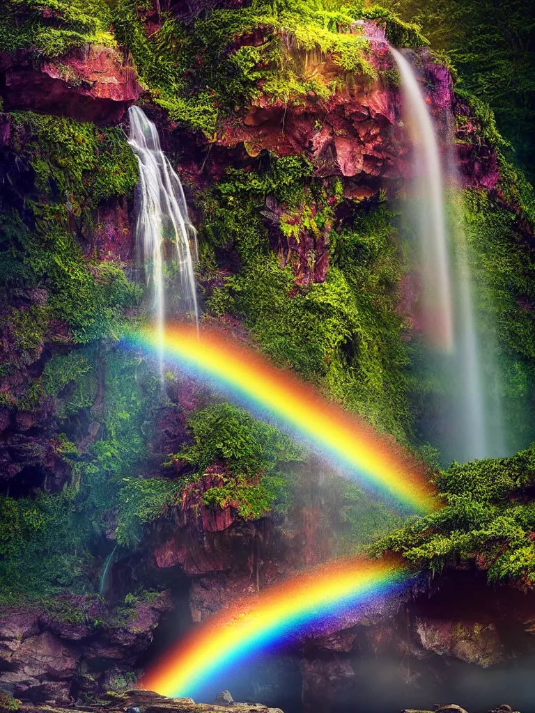 Image similar to poster art of waterfall cascading onto rocks, small rainbow emerging in background, ethereal, beautiful scenery, intricately meticulously detailed, amazing, glitter, 8 k render octane high definition