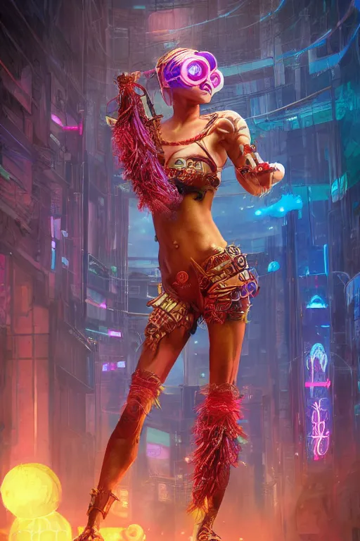 Prompt: An epic fantasy comic book style full body portrait painting of a very beautiful cyberpunk Hula Dancer, character design by Mark Ryden and Pixar and Hayao Miyazaki, unreal 5, DAZ, hyperrealistic, octane render, cosplay, RPG portrait, dynamic lighting, intricate detail, cinematic