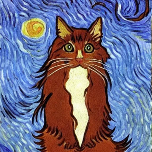 Prompt: long haired brown cat, Van Gogh style