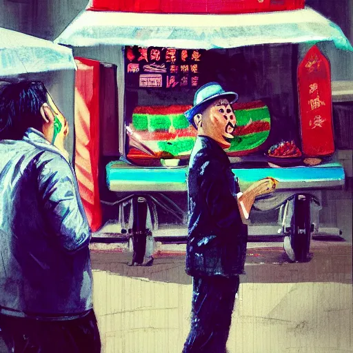 Image similar to In front of a watermelon stall near the street, a pockmarked Chinese fat guy, with a cigarette in his mouth, looked at you contemptuously,digital art,trending on artstation.