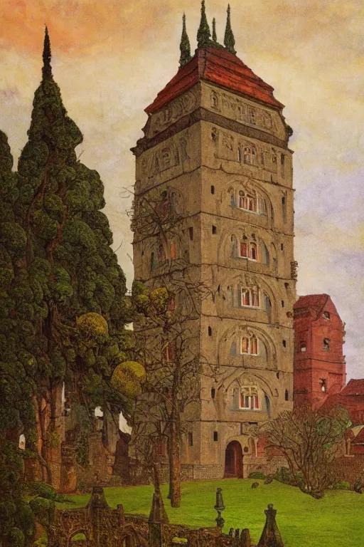 Prompt: view of the old tower and its gardens after a storm, tall windows lit up, beautiful ornamental architecture, dramatic cinematic lighting, rich colors, by Caspar David Friedrich and Diego Rivera and ford madox brown and Nicholas Roerich , smooth, sharp focus, extremely detailed, featured on artstation