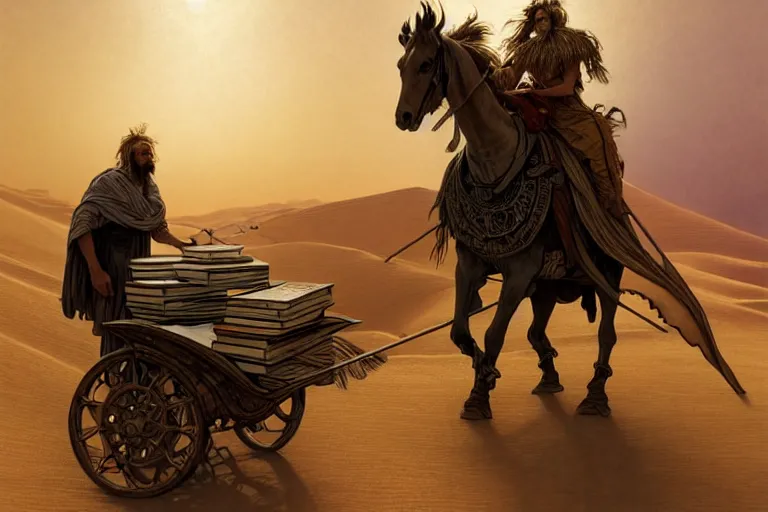 Prompt: a man pulling a cart full of books through the desert, fantasy, sci-fi, intricate, elegant, dramatic lighting, highly detailed, lifelike, photorealistic, digital painting, artstation, concept art, smooth, sharp focus, illustration, art by John Blanche and Paul Dainton and Albert Aublet and Artem Demura and Alphonse Mucha