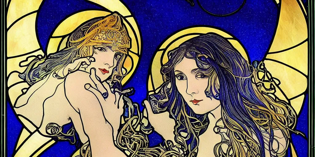 Prompt: the longest night, dark night with moon and candle and tattoos, by alphonse mucha, ultramarine blue and gold, beautiful face intricate stained glass