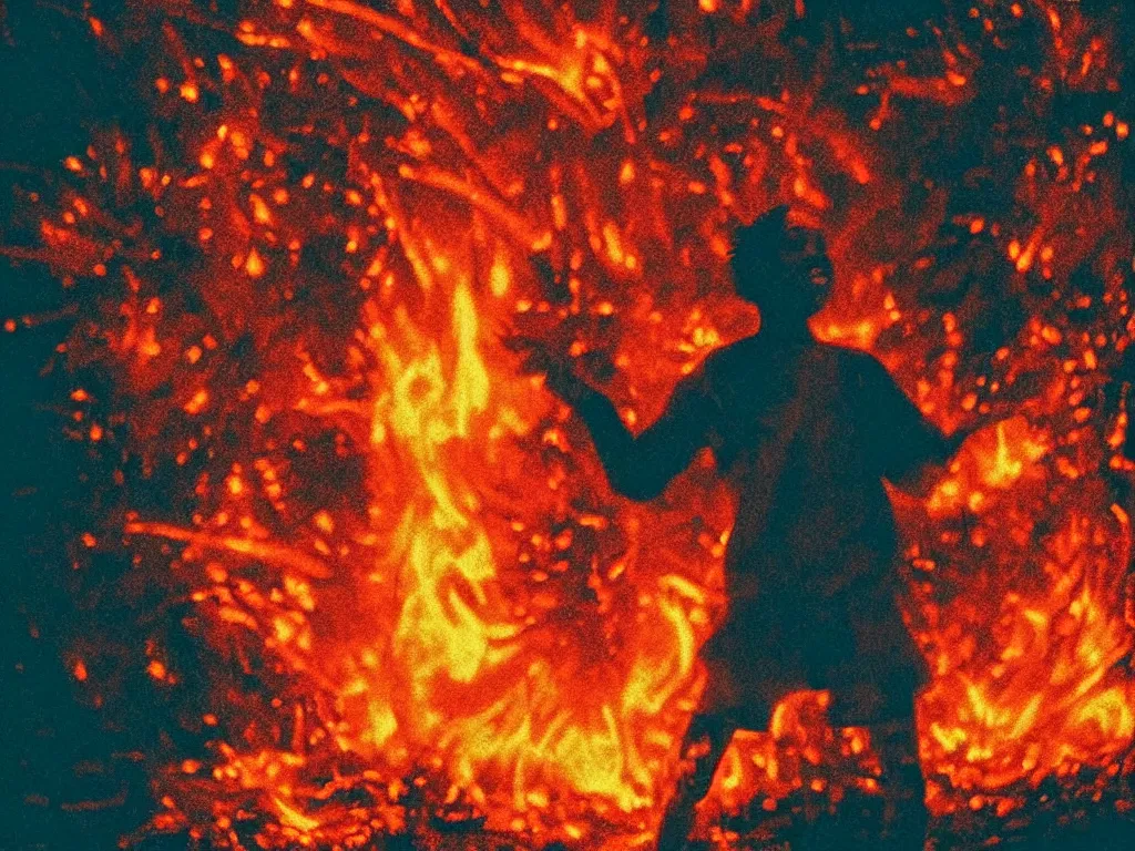 Prompt: “A Tiktok influencer dancing with a forest fire in the background, fleshy, deliquescence, dystopian realm, glitch, texturized, in the style of Harmony Korine”