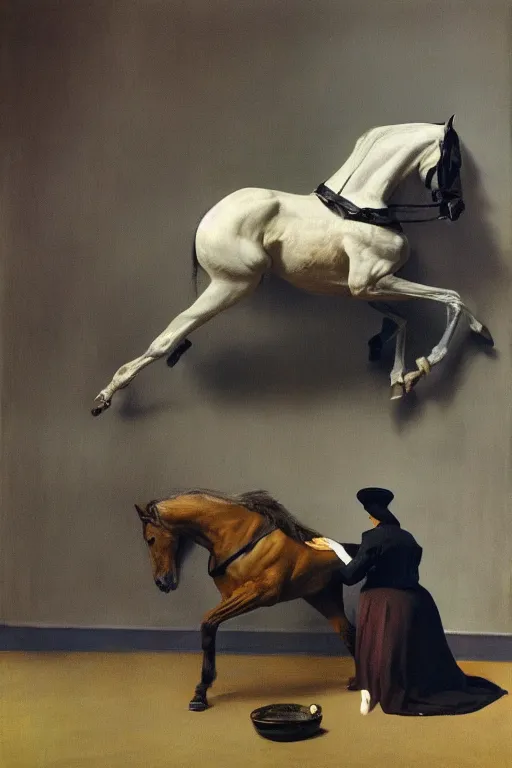 Image similar to a woman mounting a horse that looks like a man, hauntingly surreal, highly detailed painting by francis bacon, edward hopper, adrian ghenie, gerhard richter, and james jean soft light 4 k,