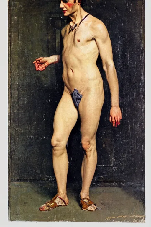 Image similar to body portrait of Pierre Casiraghi posing as a wrestler, colour painting by norman rockwell, guidi prime background by carl spitzweg