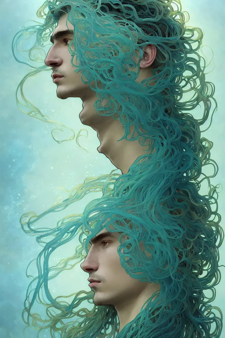 Image similar to portrait of a beautiful young fit male sea creature with long curly hairs and fish skin, dressed in fluent clothes made of seaweeds, by greg rutkowski and alphonse mucha, d & d character, gradient cyan to blue, underwater bubbles background, highly detailed portrait, digital painting, artstation, concept art, smooth, sharp focus ilustration, artstation hq