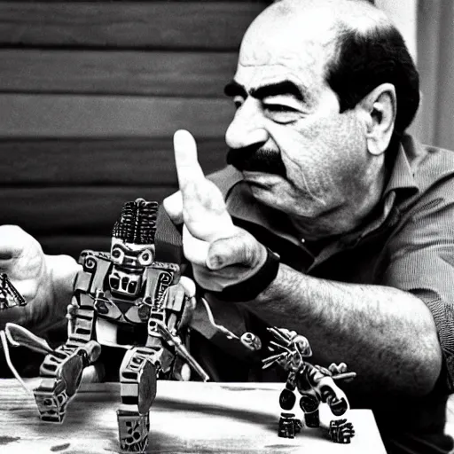 Prompt: saddam hussein playing with bionicle, christmas morning photo, 1990