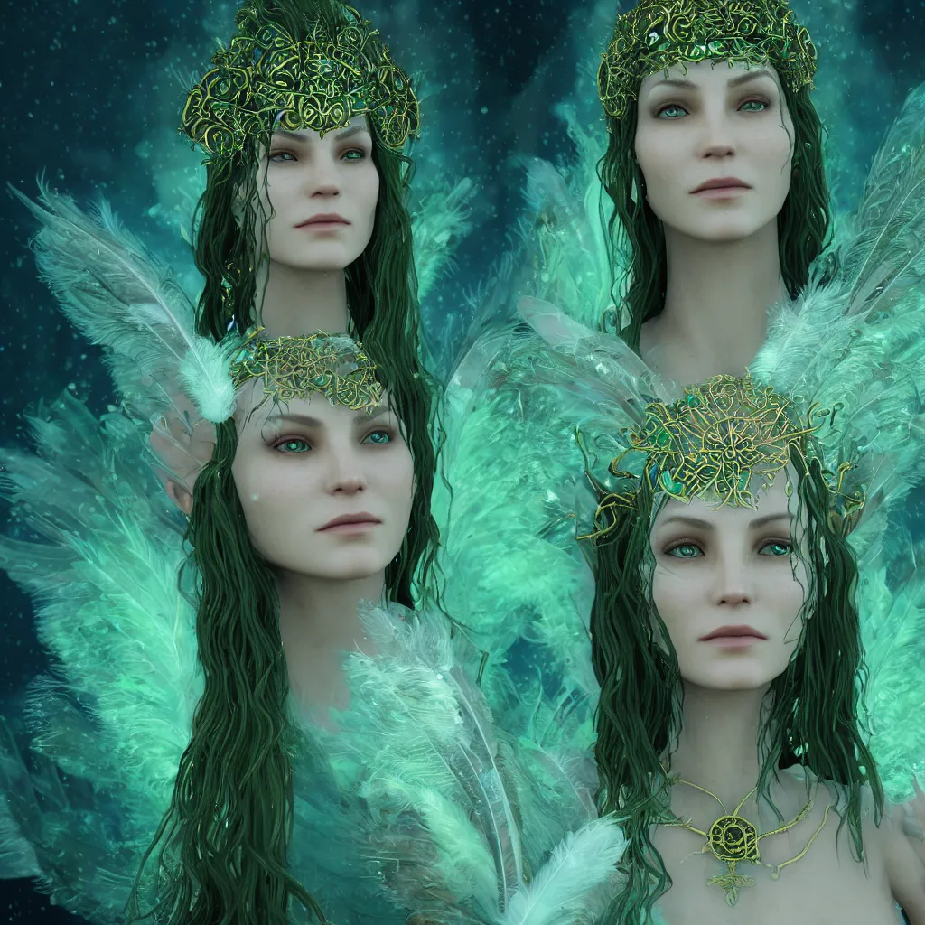 Image similar to wiccan high priestess with angelic face, super fine details and intricate jewelry with feathers and crystals, ethereal, in deep clear emerald water, divine realm of gods, solarpunk realistic cinematic style, filmed in 70mm, volumetric lighting, octane render, photographic, concept art, artist Leonardo DaVinci, unreal engine, 8k