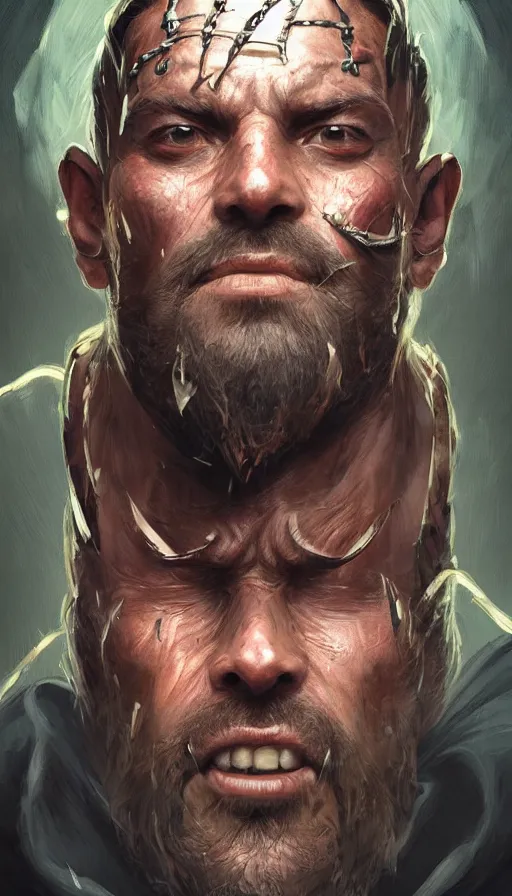 Prompt: ugly smile, king of bandits, rough, fame of thrones, lord of daggers, neon, fibonacci, sweat drops, insane, intricate, highly detailed, digital painting, artstation, concept art, smooth, sharp focus, illustration, Unreal Engine 5, 8K, art by artgerm and greg rutkowski and alphonse mucha