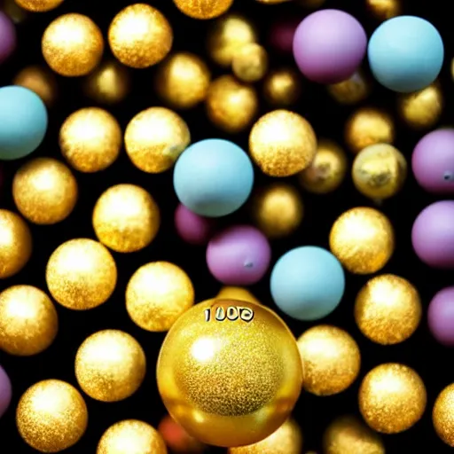 Prompt: a gold ball in 1 0 different colors arranged into a sphere