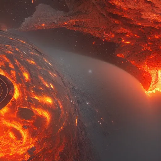 Prompt: planet imploding, debris and dust creating beautiful shapes, magma swirling out, destruction of vulcan, dramatic lighting, volumetric shadows, art station, cg society, paul chadeisson, 4 k