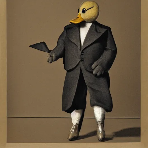 Image similar to a high detail photo of an antropomorphic duck wearing a suit, subject= duck, subject detail: wearing a suit, photorealism