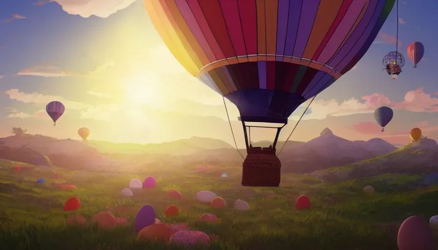 Image similar to a colorful easter egg as hot air balloon, sunset, serene evening atmosphere, soft lens, soft light, cel - shading, animation, in the style of cgsociety, deviantart, artstation, zbrush, cinema 4 d, studio ghibli, akihiko yoshida, atelier lulua, masamune shirow