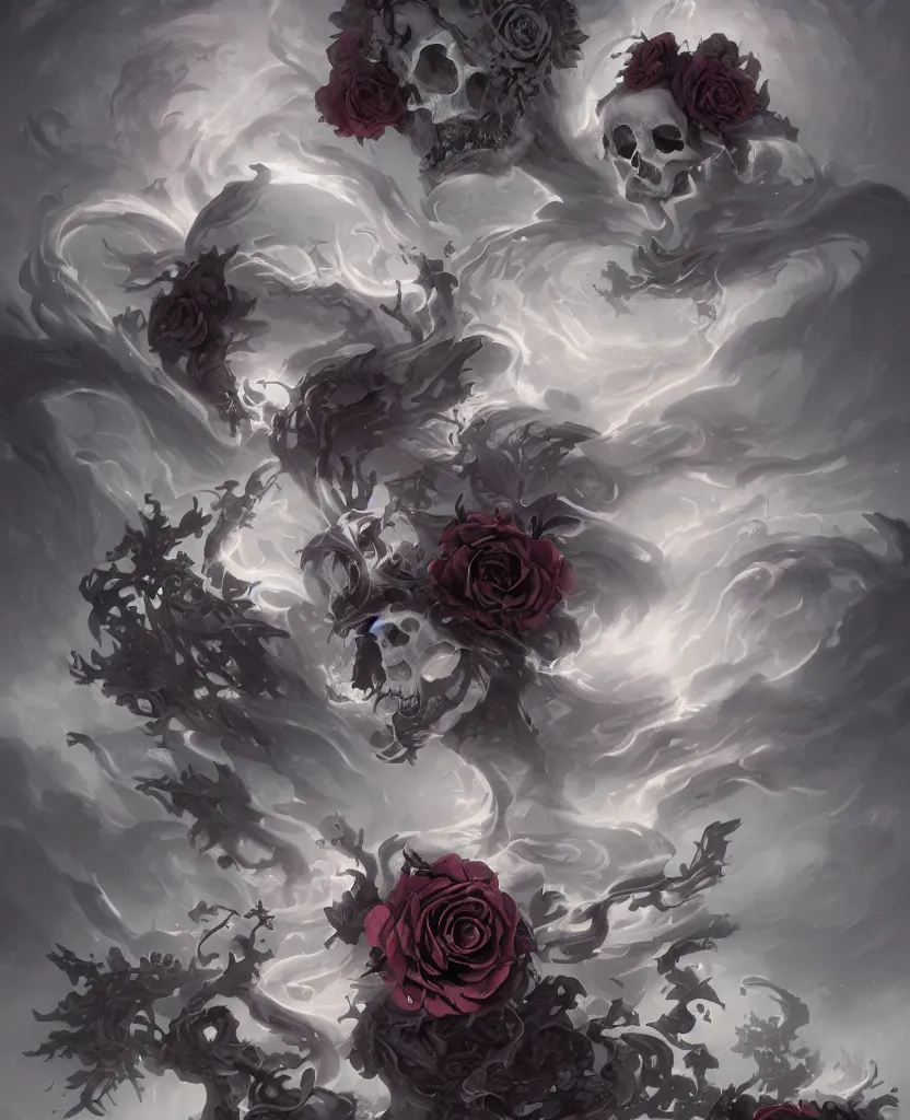 Image similar to a chaotic goddess of death skull black rose s day of the dead atmospheric, dramatic, concept art by Peter Mohrbacher hyperrealist, cinema4D, 8k highly detailed ❤️‍🔥 🔥 💀 🤖 🚀