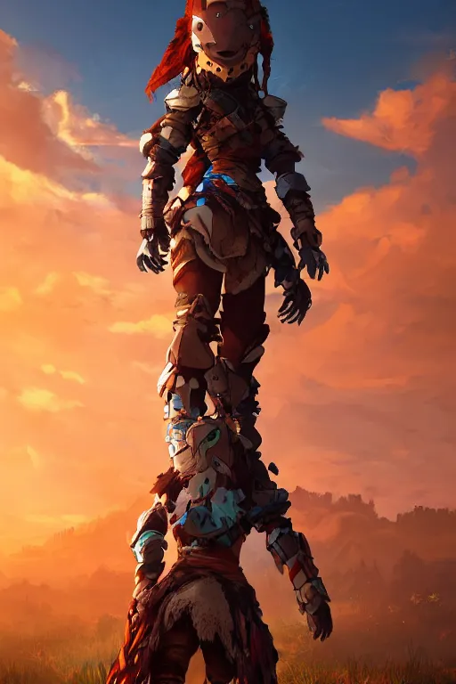 Image similar to combination suit armor aloy horizon forbidden west horizon zero dawn radiating a glowing aura global illumination ray tracing hdr fanart arstation by ian pesty and alena aenami artworks in 4 k tribal robot ninja mask helmet backpack