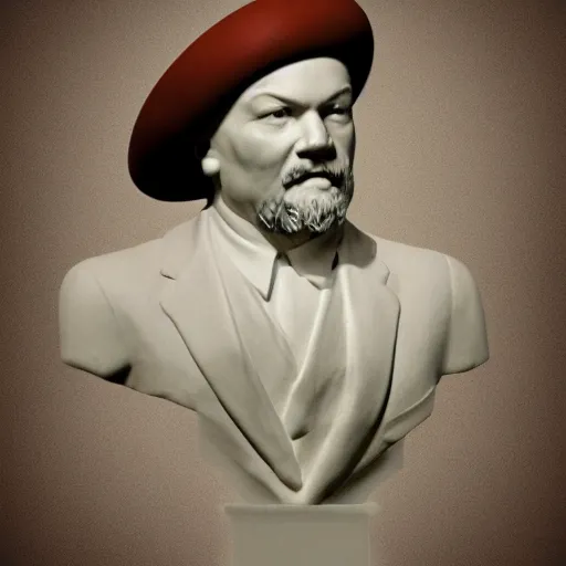 Image similar to super realistic man with pot on his head, Lenin's bust, high quality, photomodel