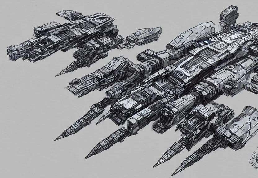 Image similar to isometric pen and ink concept art of a spaceship wearing mecha armour by sparth line art