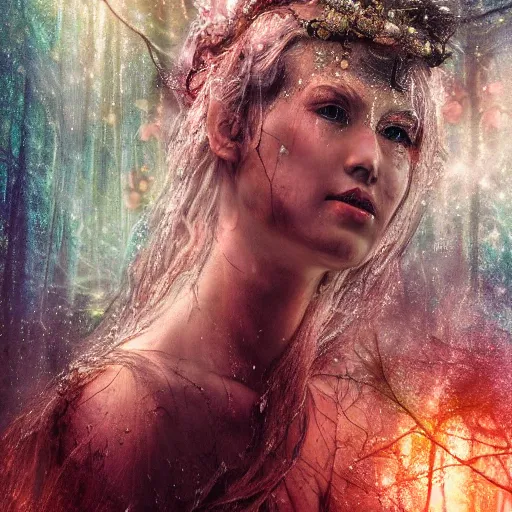 Image similar to goddess of the universe. fantasy. ultra realistic portrait of the women. wrapped in wet silk. melted wax. magical. high fantasy. forest. volumetric lighting. nature. haze. epic. cinema.