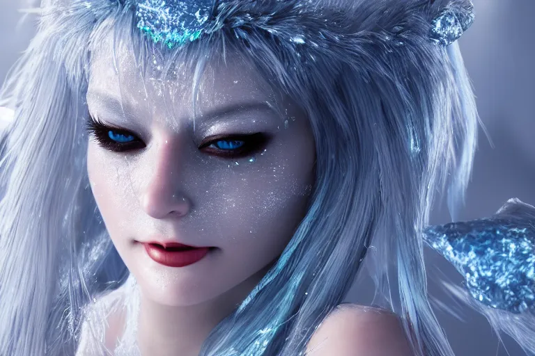 Prompt: Photorealistic render of Malevolent Ice Queen with round ice crystals on forehead in the style of Artstation, 4k Unreal Engine, reflective