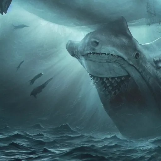 Prompt: underwater ghost ship surrounded by monsters of the deep, 4k, unsettling, thalasophobia, sharks, kraken
